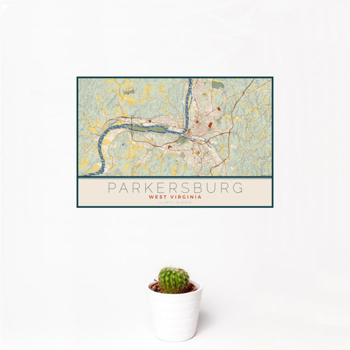 12x18 Parkersburg West Virginia Map Print Landscape Orientation in Woodblock Style With Small Cactus Plant in White Planter