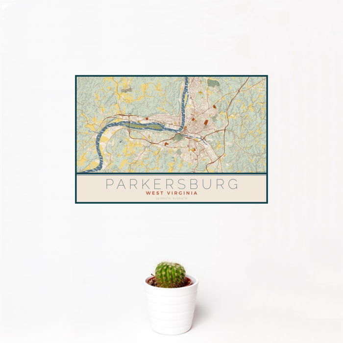 12x18 Parkersburg West Virginia Map Print Landscape Orientation in Woodblock Style With Small Cactus Plant in White Planter