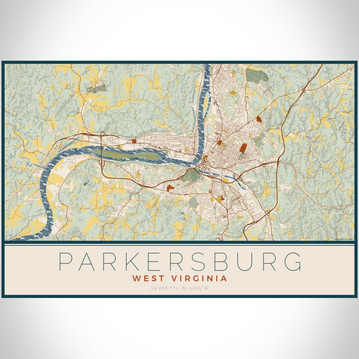 Parkersburg West Virginia Map Print Landscape Orientation in Woodblock Style With Shaded Background