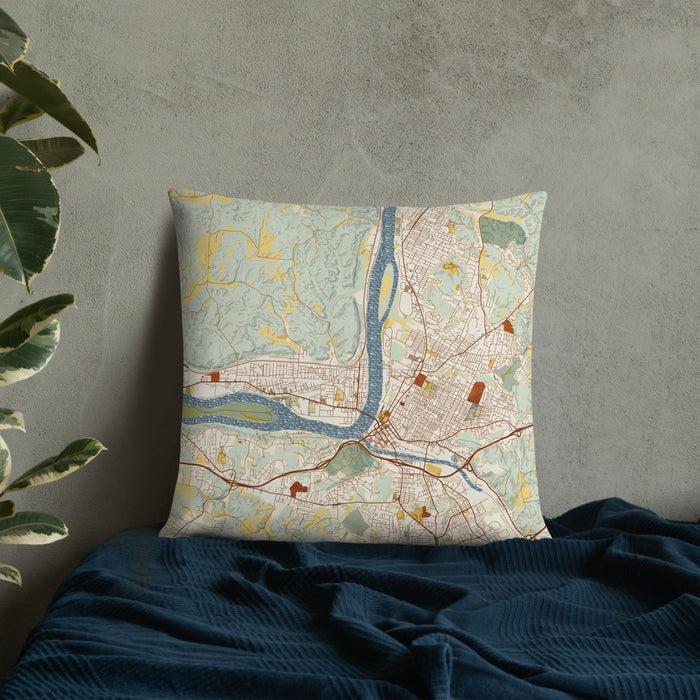 Custom Parkersburg West Virginia Map Throw Pillow in Woodblock on Bedding Against Wall