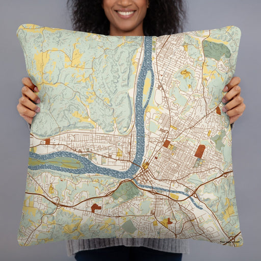 Person holding 22x22 Custom Parkersburg West Virginia Map Throw Pillow in Woodblock