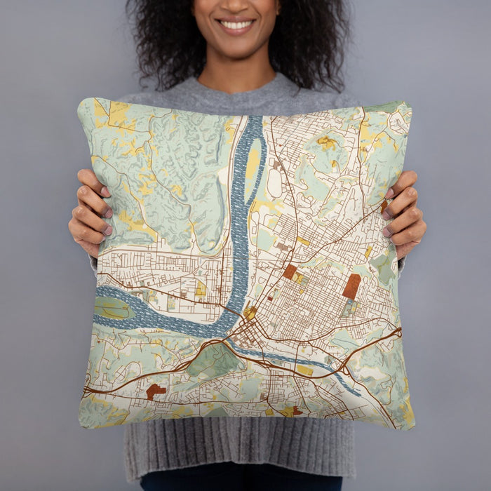 Person holding 18x18 Custom Parkersburg West Virginia Map Throw Pillow in Woodblock