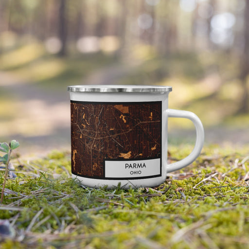 Right View Custom Parma Ohio Map Enamel Mug in Ember on Grass With Trees in Background