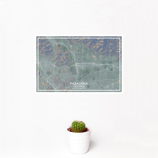 12x18 Pasadena California Map Print Landscape Orientation in Afternoon Style With Small Cactus Plant in White Planter
