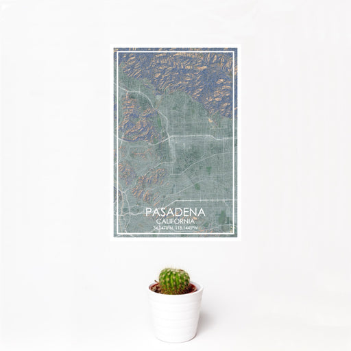 12x18 Pasadena California Map Print Portrait Orientation in Afternoon Style With Small Cactus Plant in White Planter