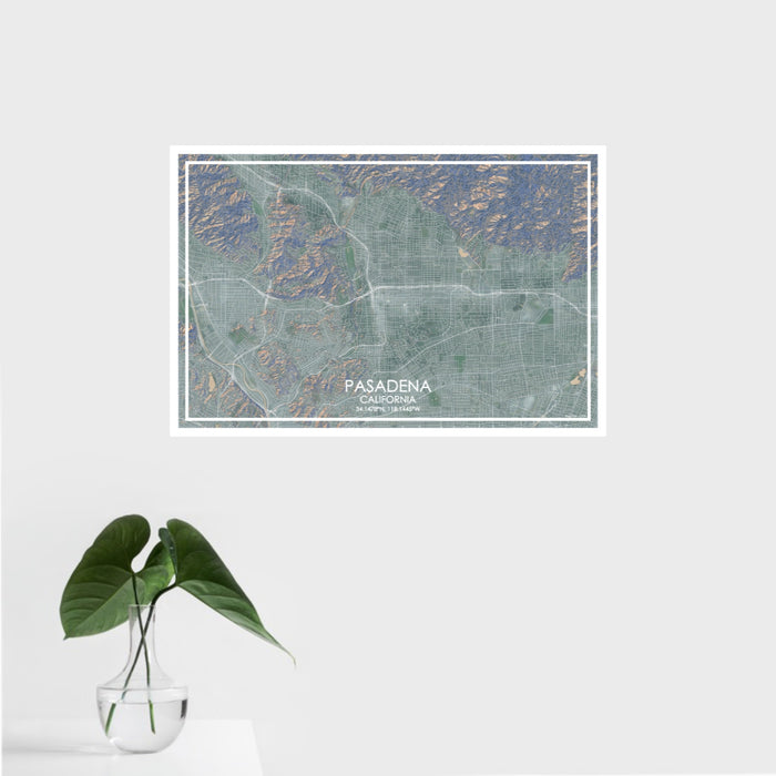 16x24 Pasadena California Map Print Landscape Orientation in Afternoon Style With Tropical Plant Leaves in Water