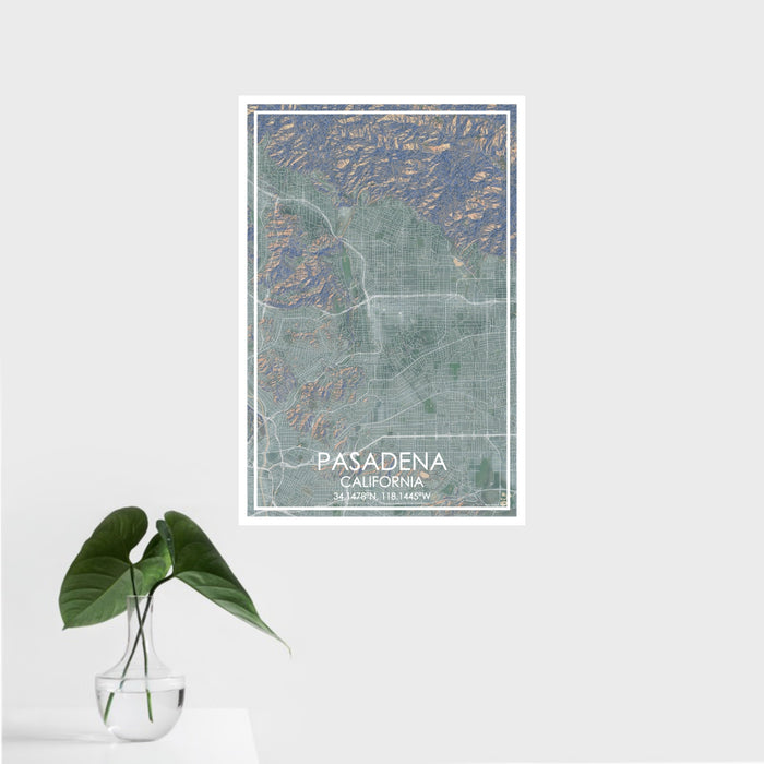 16x24 Pasadena California Map Print Portrait Orientation in Afternoon Style With Tropical Plant Leaves in Water