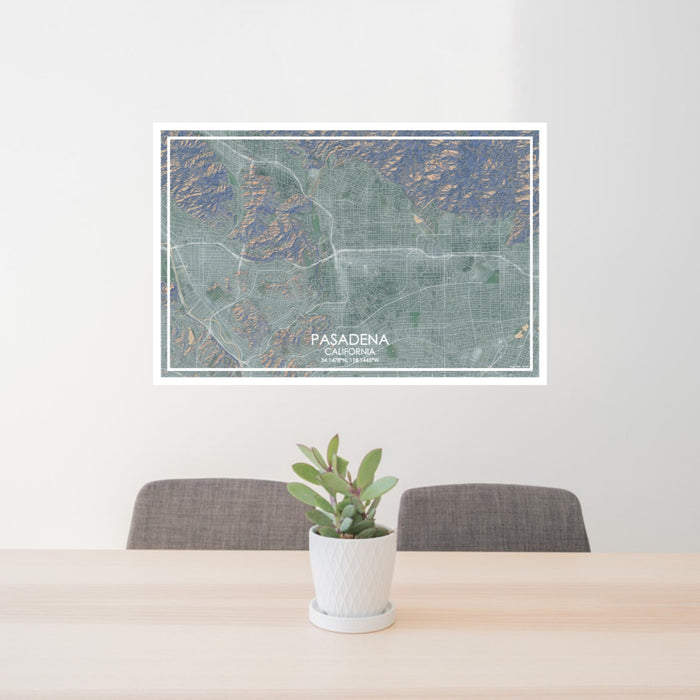 24x36 Pasadena California Map Print Lanscape Orientation in Afternoon Style Behind 2 Chairs Table and Potted Plant