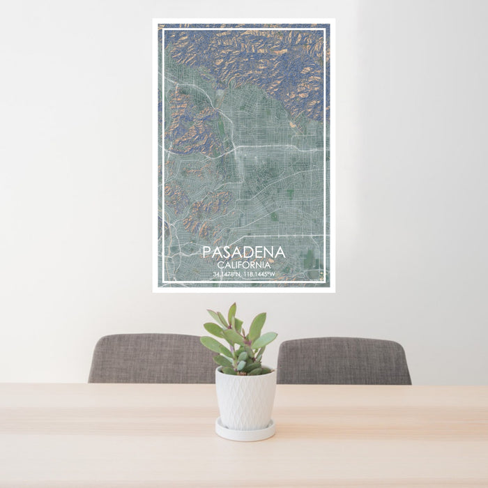 24x36 Pasadena California Map Print Portrait Orientation in Afternoon Style Behind 2 Chairs Table and Potted Plant