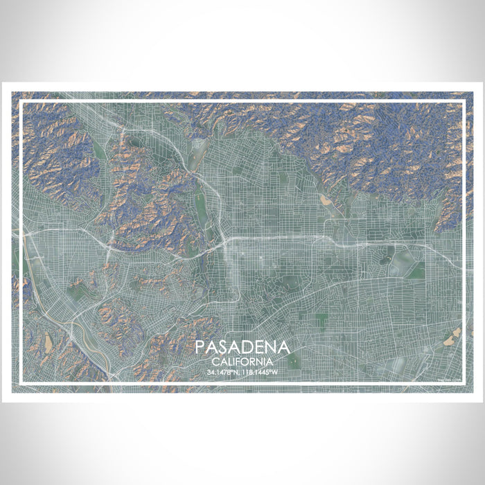 Pasadena California Map Print Landscape Orientation in Afternoon Style With Shaded Background