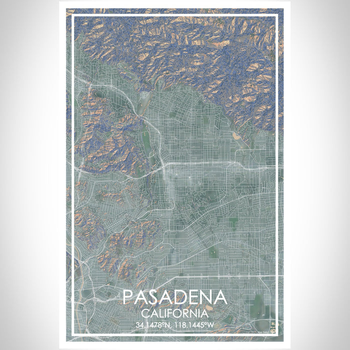 Pasadena California Map Print Portrait Orientation in Afternoon Style With Shaded Background