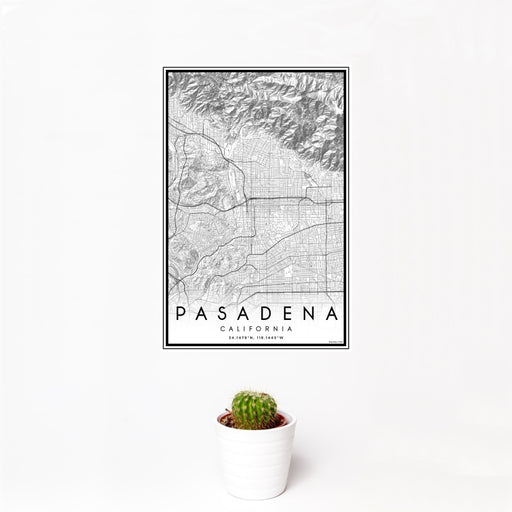 12x18 Pasadena California Map Print Portrait Orientation in Classic Style With Small Cactus Plant in White Planter