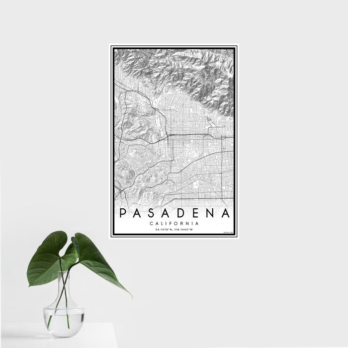 16x24 Pasadena California Map Print Portrait Orientation in Classic Style With Tropical Plant Leaves in Water