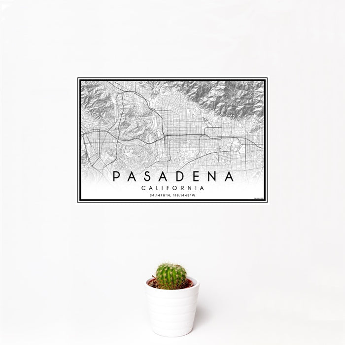 12x18 Pasadena California Map Print Landscape Orientation in Classic Style With Small Cactus Plant in White Planter
