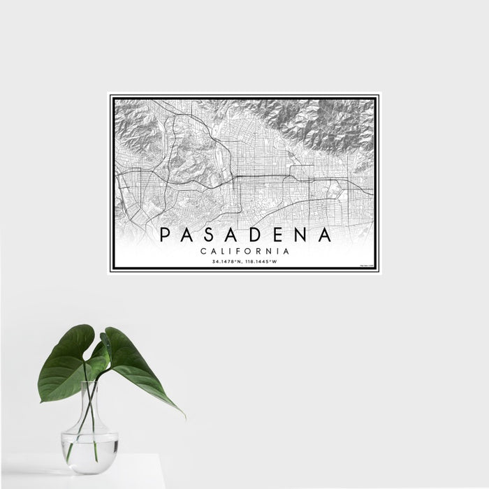16x24 Pasadena California Map Print Landscape Orientation in Classic Style With Tropical Plant Leaves in Water