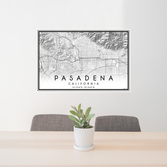 24x36 Pasadena California Map Print Landscape Orientation in Classic Style Behind 2 Chairs Table and Potted Plant