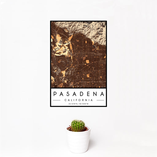 12x18 Pasadena California Map Print Portrait Orientation in Ember Style With Small Cactus Plant in White Planter