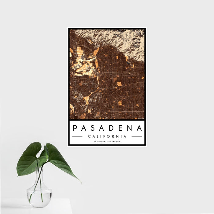 16x24 Pasadena California Map Print Portrait Orientation in Ember Style With Tropical Plant Leaves in Water