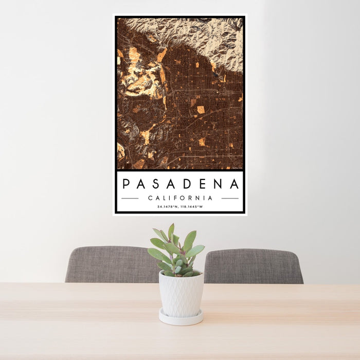 24x36 Pasadena California Map Print Portrait Orientation in Ember Style Behind 2 Chairs Table and Potted Plant