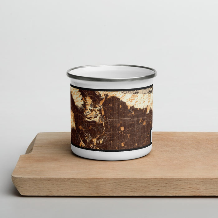 Front View Custom Pasadena California Map Enamel Mug in Ember on Cutting Board