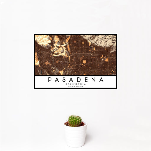 12x18 Pasadena California Map Print Landscape Orientation in Ember Style With Small Cactus Plant in White Planter
