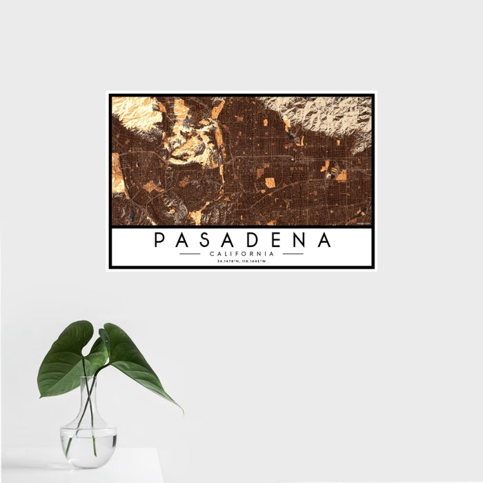 16x24 Pasadena California Map Print Landscape Orientation in Ember Style With Tropical Plant Leaves in Water