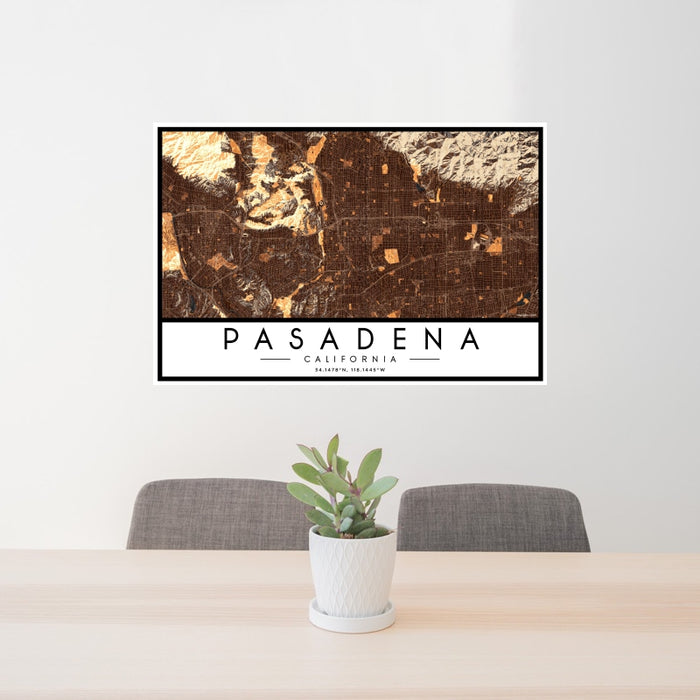 24x36 Pasadena California Map Print Landscape Orientation in Ember Style Behind 2 Chairs Table and Potted Plant