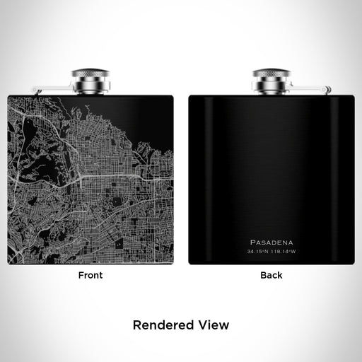 Rendered View of Pasadena California Map Engraving on 6oz Stainless Steel Flask in Black