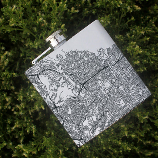 Pasadena California Custom Engraved City Map Inscription Coordinates on 6oz Stainless Steel Flask in White