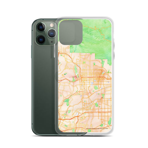 Custom Pasadena California Map Phone Case in Watercolor on Table with Laptop and Plant