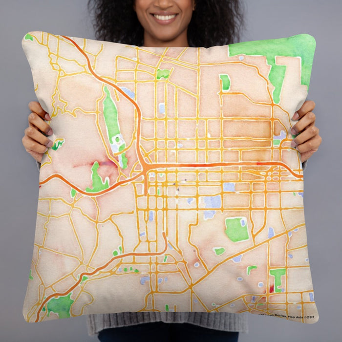 Person holding 22x22 Custom Pasadena California Map Throw Pillow in Watercolor