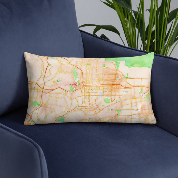 Custom Pasadena California Map Throw Pillow in Watercolor on Blue Colored Chair