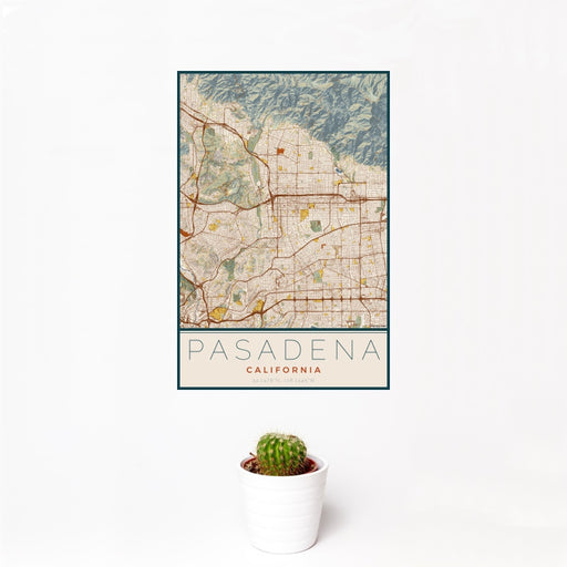 12x18 Pasadena California Map Print Portrait Orientation in Woodblock Style With Small Cactus Plant in White Planter
