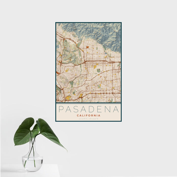16x24 Pasadena California Map Print Portrait Orientation in Woodblock Style With Tropical Plant Leaves in Water