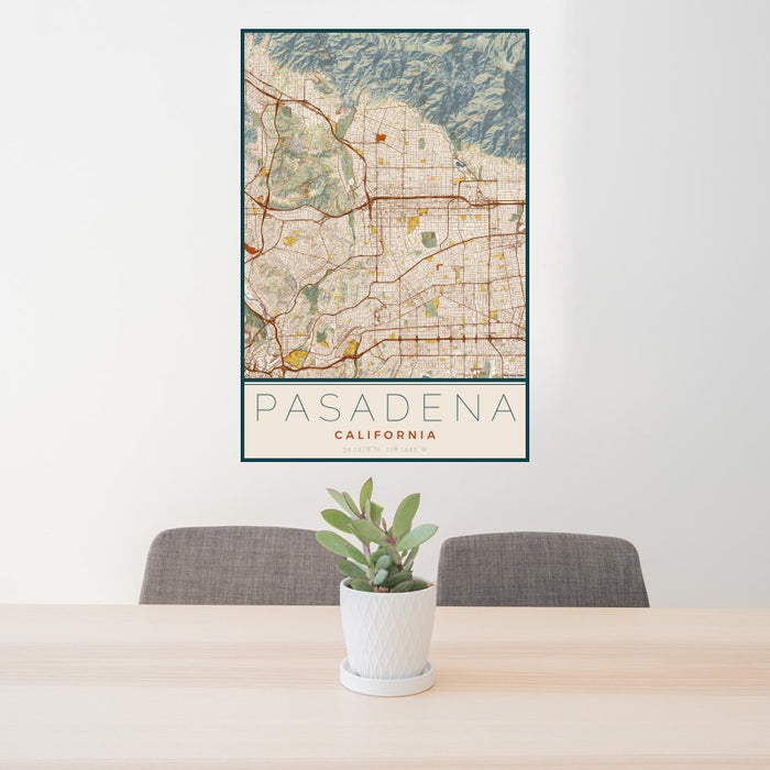 24x36 Pasadena California Map Print Portrait Orientation in Woodblock Style Behind 2 Chairs Table and Potted Plant