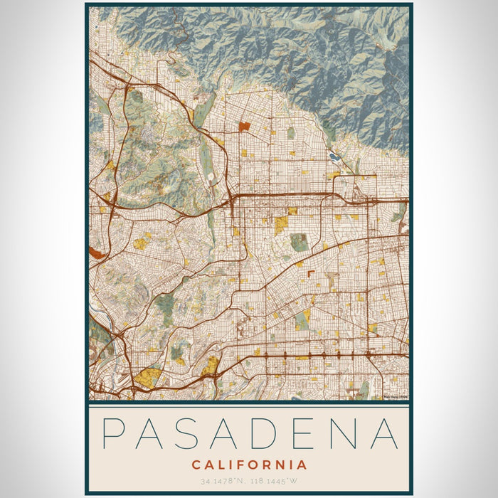 Pasadena California Map Print Portrait Orientation in Woodblock Style With Shaded Background