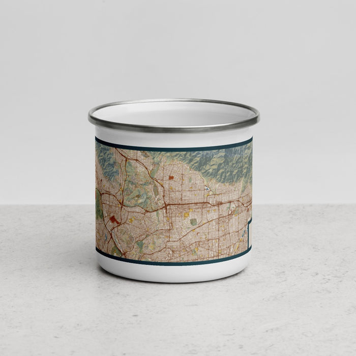 Front View Custom Pasadena California Map Enamel Mug in Woodblock