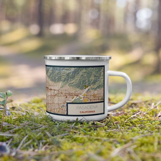 Right View Custom Pasadena California Map Enamel Mug in Woodblock on Grass With Trees in Background