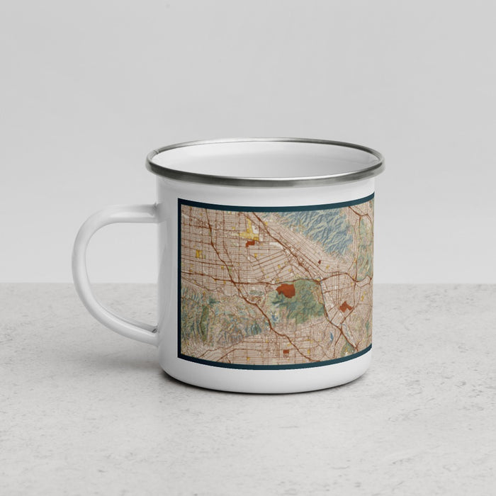 Left View Custom Pasadena California Map Enamel Mug in Woodblock