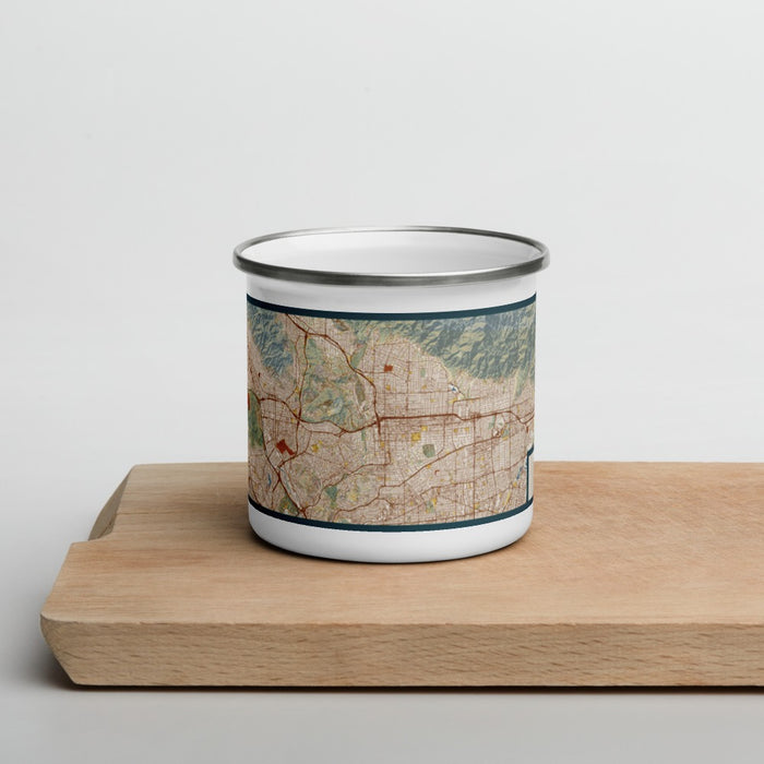 Front View Custom Pasadena California Map Enamel Mug in Woodblock on Cutting Board