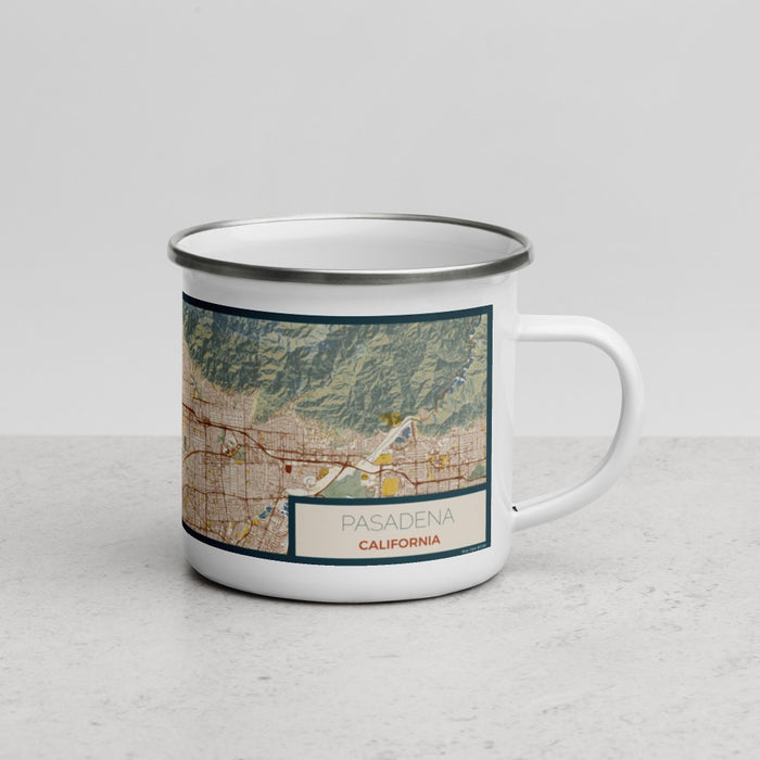 Right View Custom Pasadena California Map Enamel Mug in Woodblock