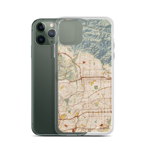 Custom Pasadena California Map Phone Case in Woodblock on Table with Laptop and Plant