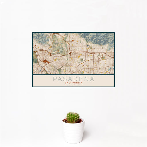 12x18 Pasadena California Map Print Landscape Orientation in Woodblock Style With Small Cactus Plant in White Planter