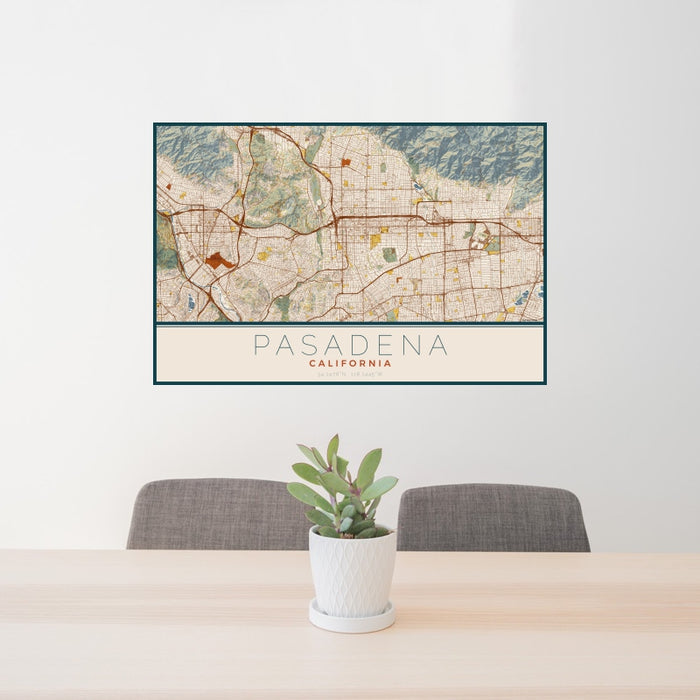 24x36 Pasadena California Map Print Landscape Orientation in Woodblock Style Behind 2 Chairs Table and Potted Plant