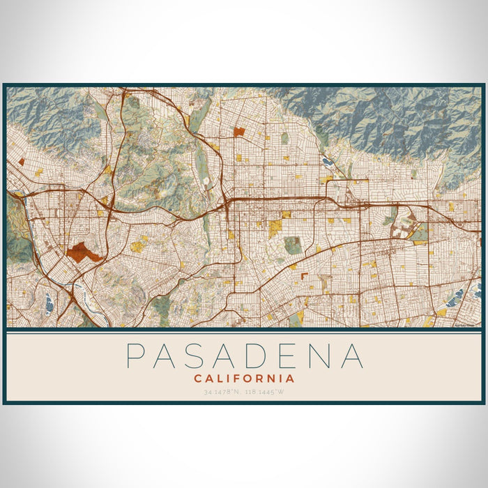 Pasadena California Map Print Landscape Orientation in Woodblock Style With Shaded Background