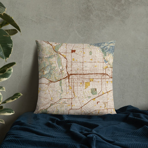 Custom Pasadena California Map Throw Pillow in Woodblock on Bedding Against Wall