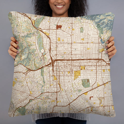 Person holding 22x22 Custom Pasadena California Map Throw Pillow in Woodblock