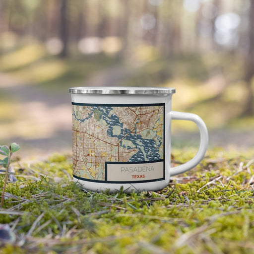 Right View Custom Pasadena Texas Map Enamel Mug in Woodblock on Grass With Trees in Background