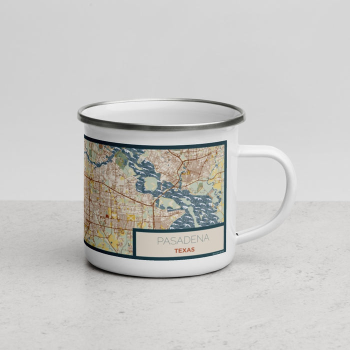Right View Custom Pasadena Texas Map Enamel Mug in Woodblock