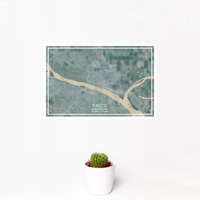 12x18 Pasco Washington Map Print Landscape Orientation in Afternoon Style With Small Cactus Plant in White Planter